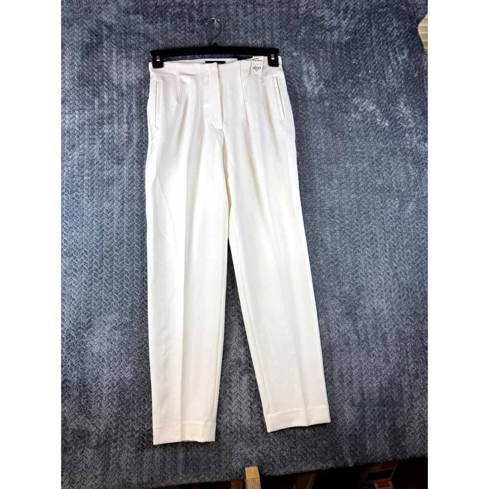 Express Pants Womens XS White Stretch Pleated High Rise Ankle Straight Leg